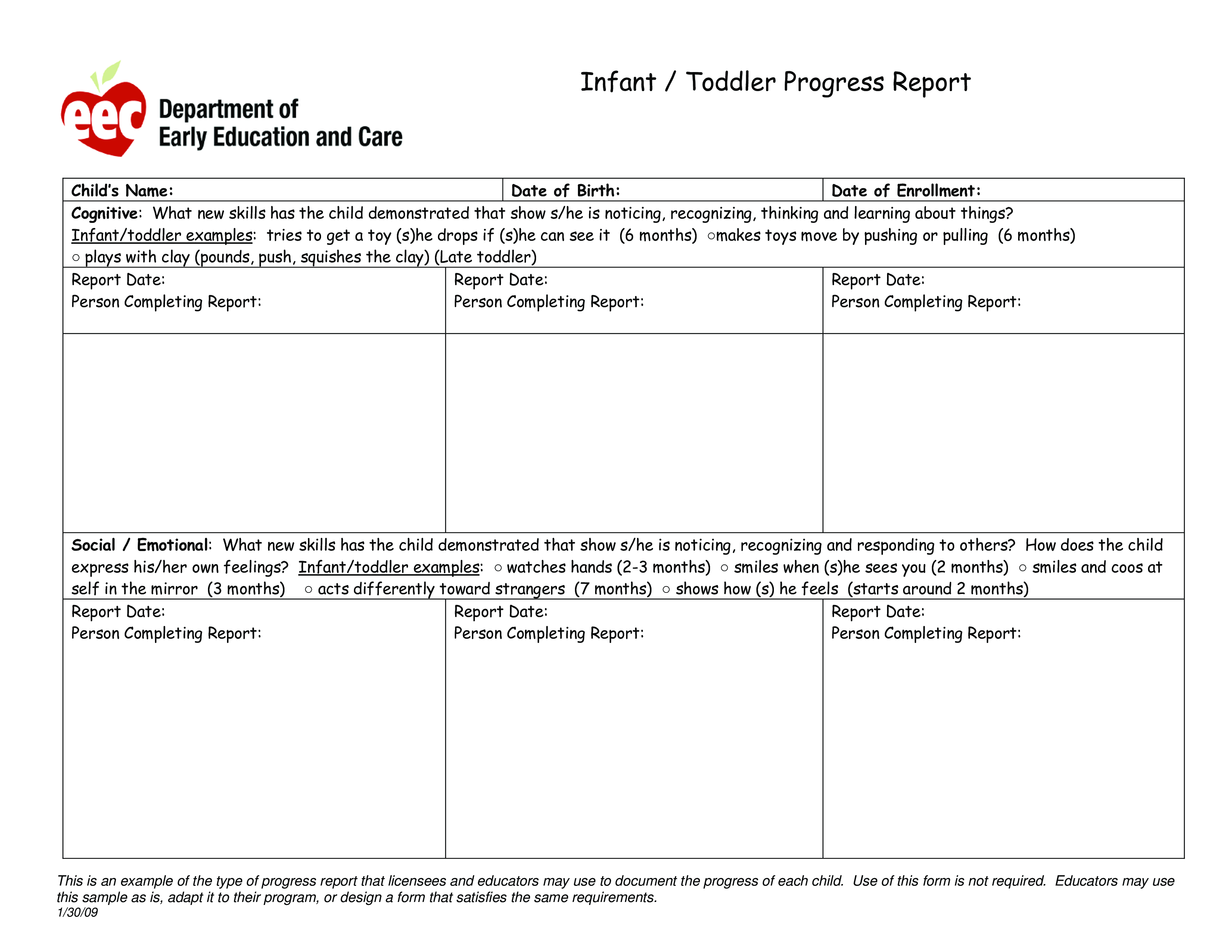 infant toddler progress report voorbeeld afbeelding 