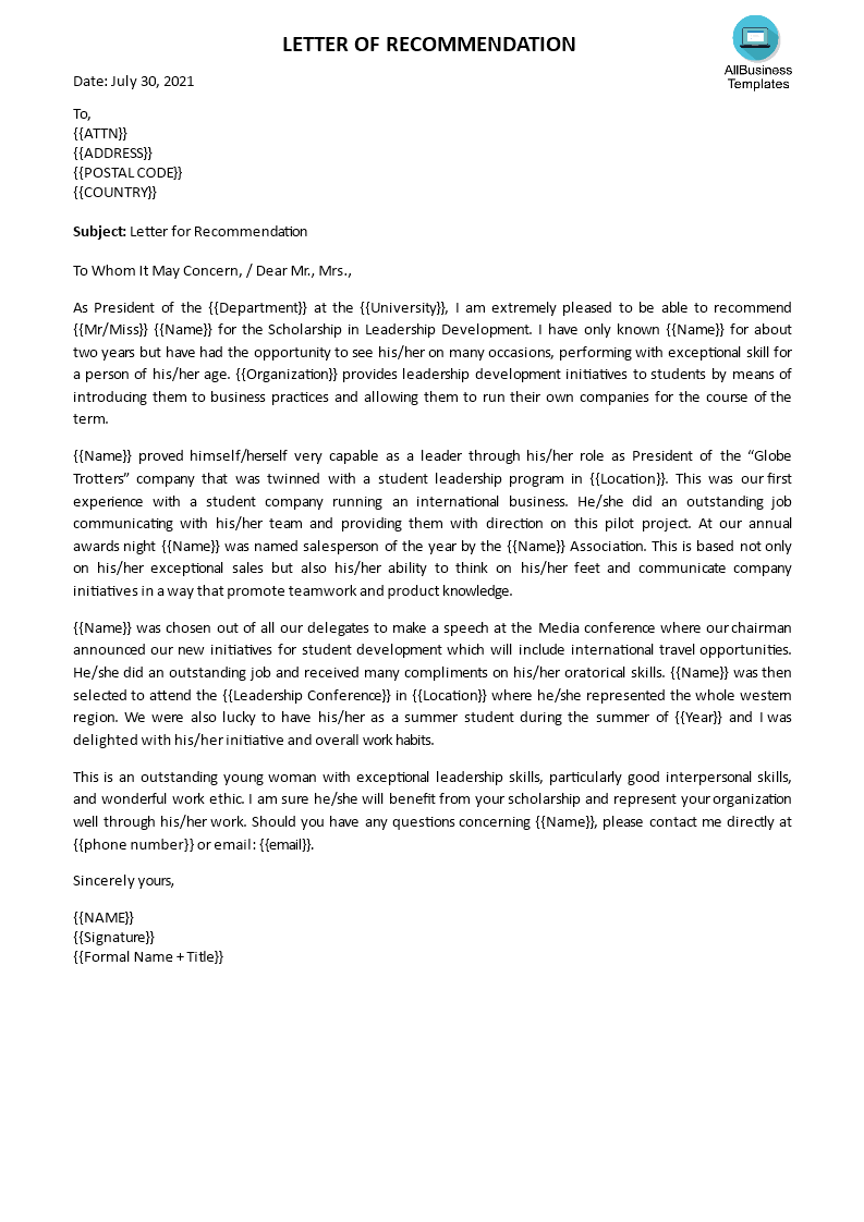 personal recommendation letter graduate school template