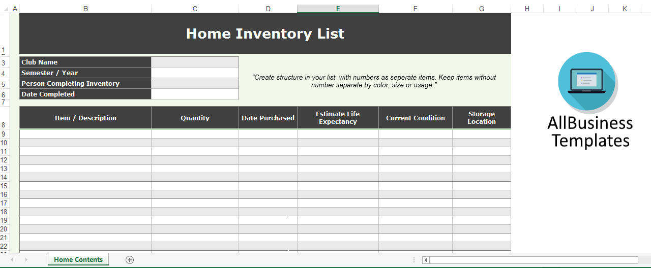 home contents inventory list Hauptschablonenbild