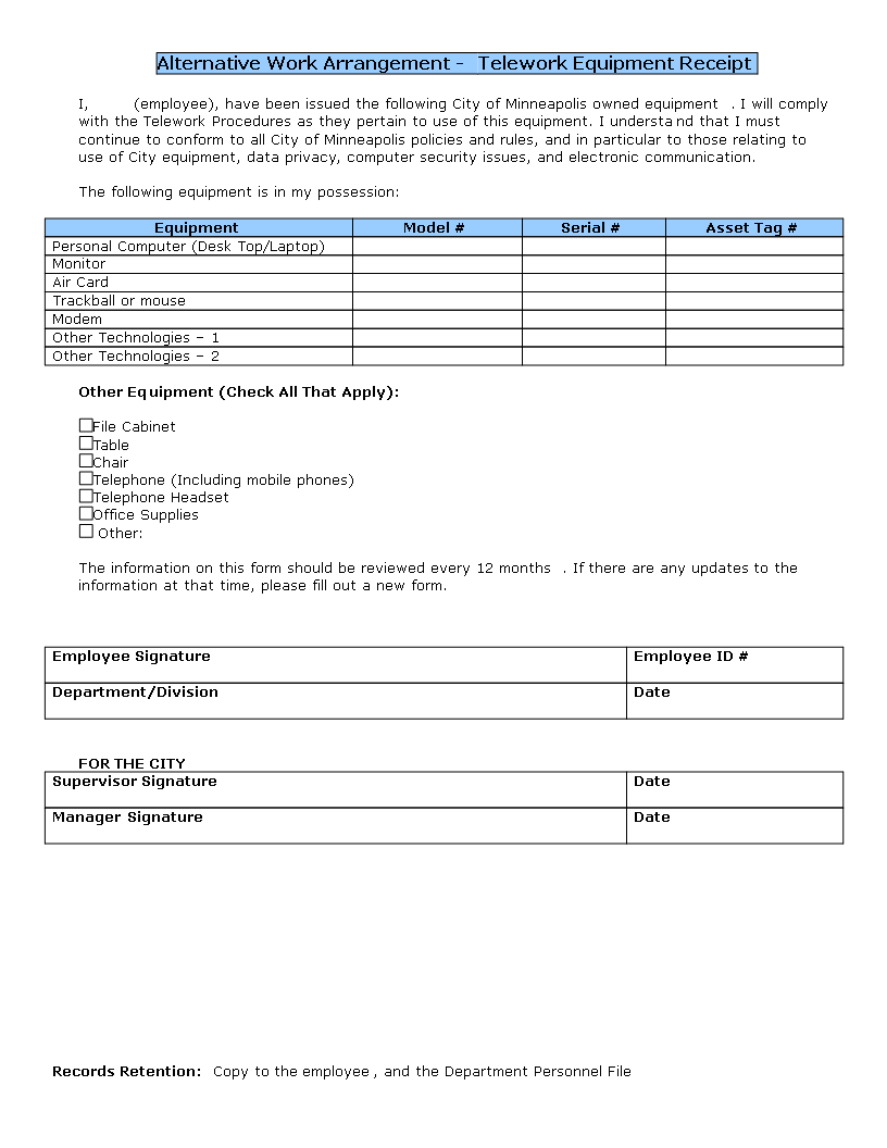 equipment sales receipt template