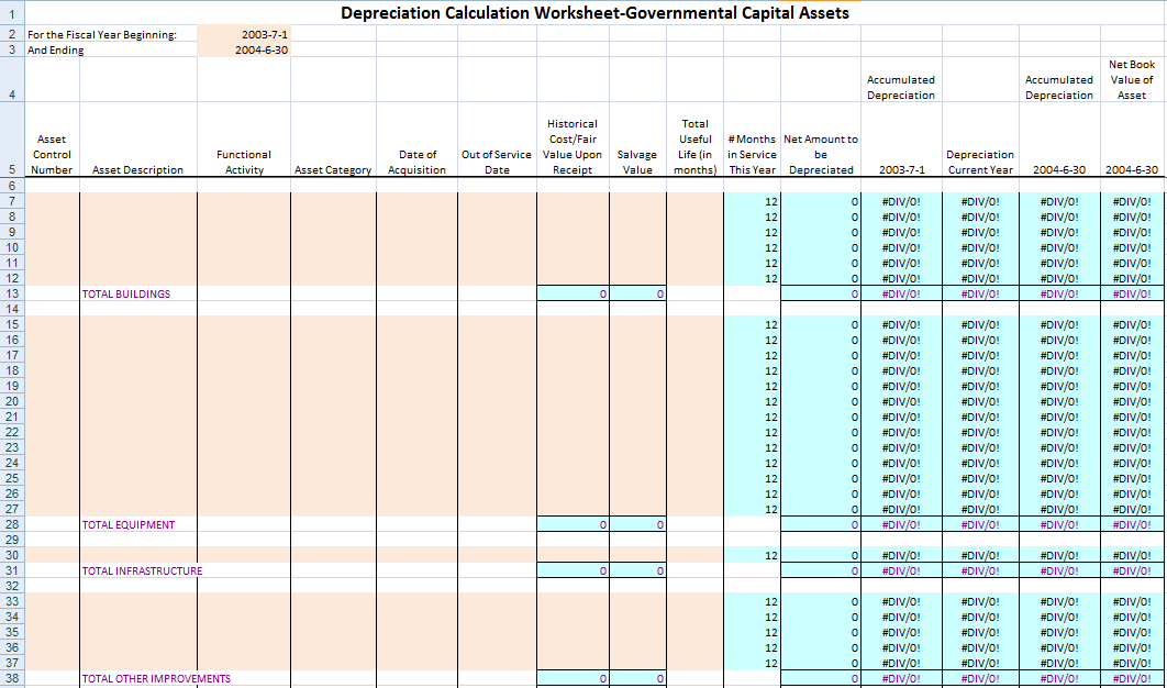 asset depreciation schedule worksheet template