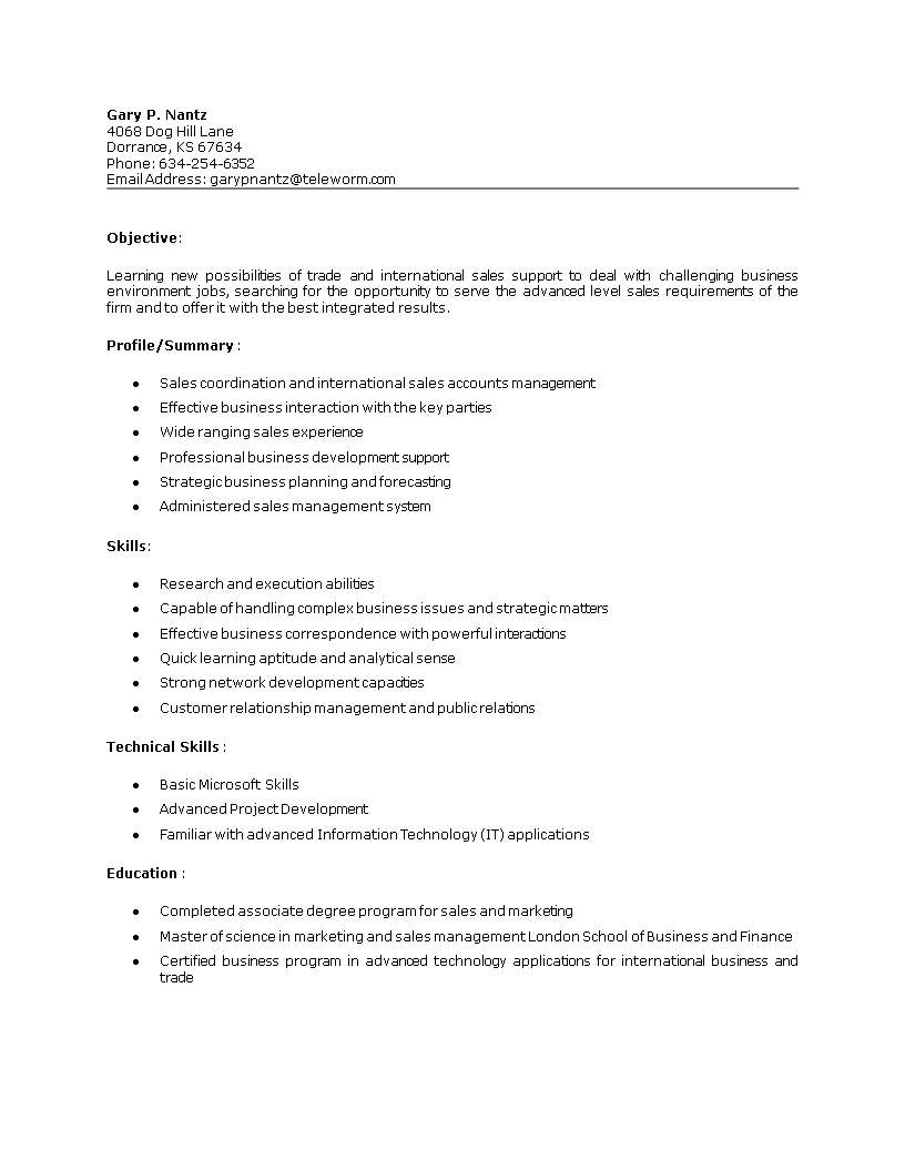 Sales Coordinator Job Resume 模板