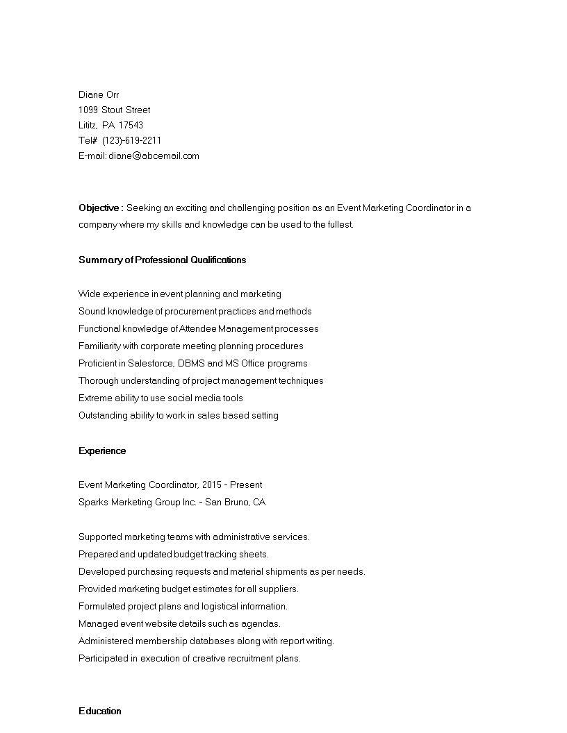 Event Marketing Coordinator Resume 模板