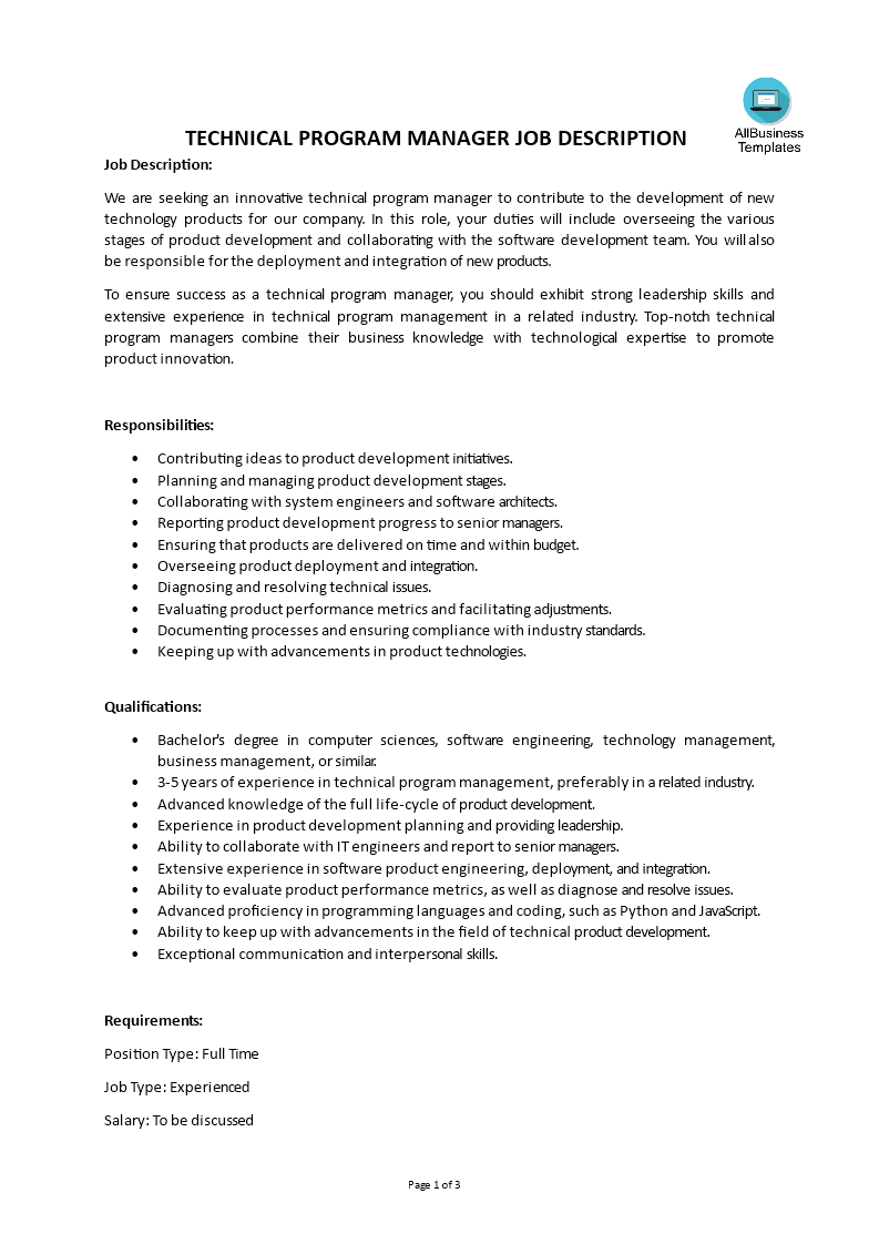 technical program manager job description voorbeeld afbeelding 