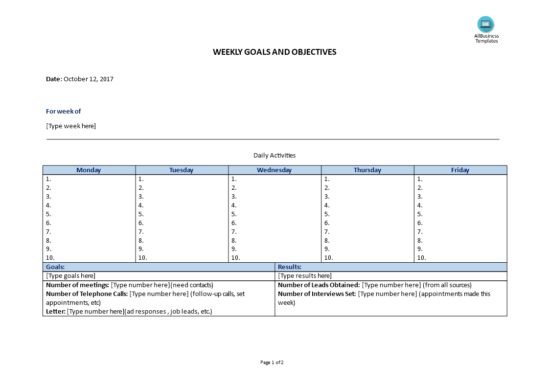 weekly goals-objectives modèles