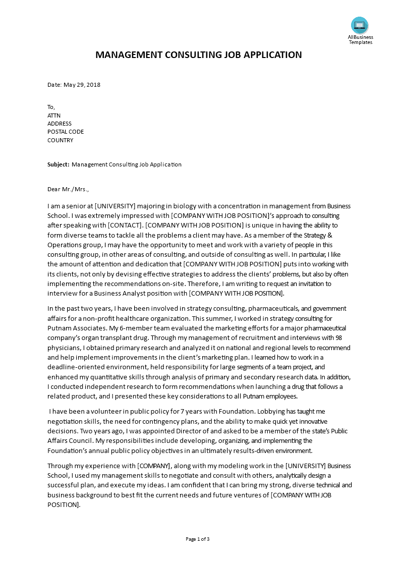 Management Consulting Cover Letter template | Templates at