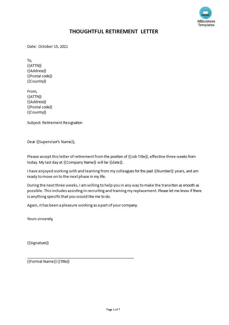 Sample Resignation Letter Due To Retirement from www.allbusinesstemplates.com