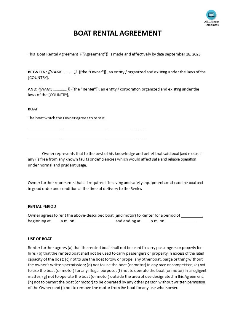 boat rental agreement template template