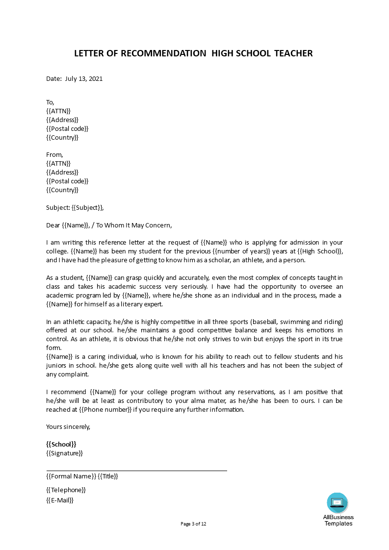 免费 High School Teacher Recommendation Letter | 样本文件在 ...