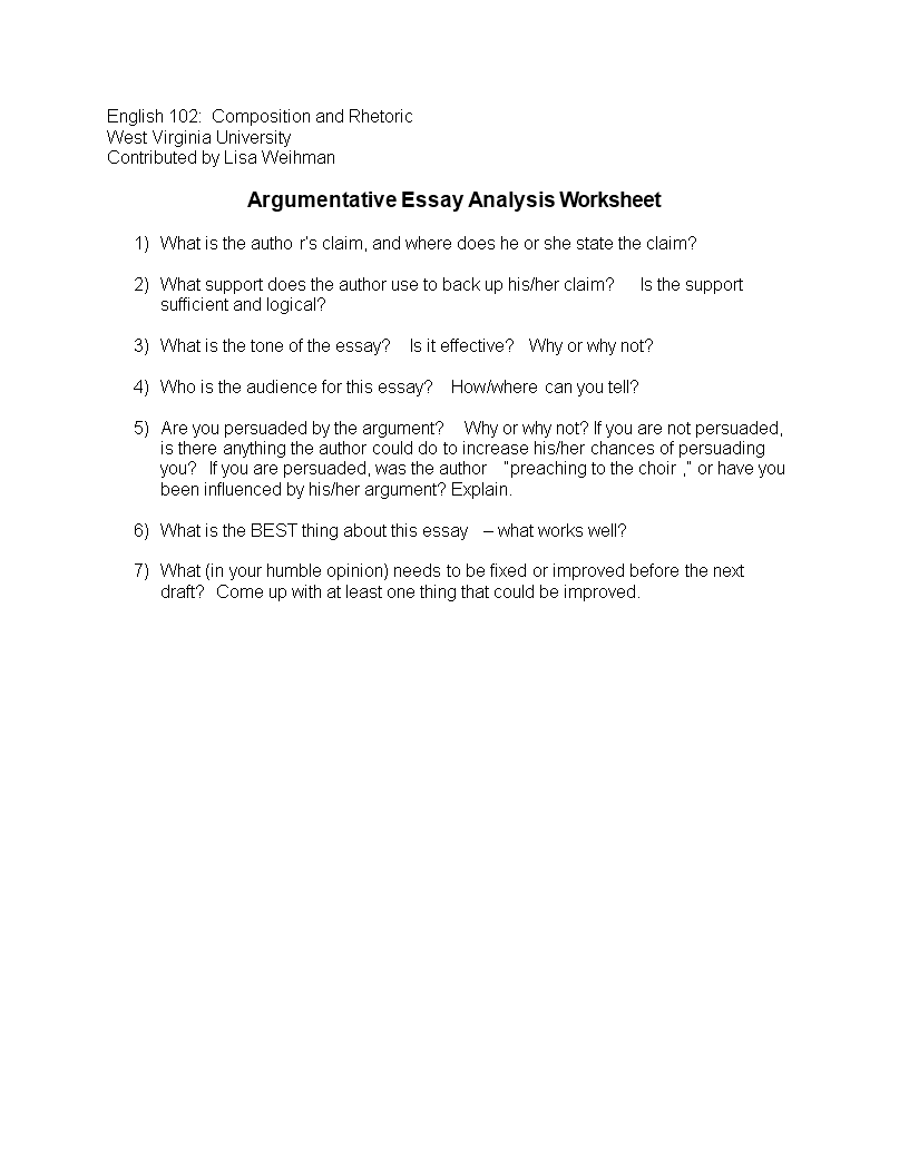 Argumentative Essay Analysis Worksheet 模板