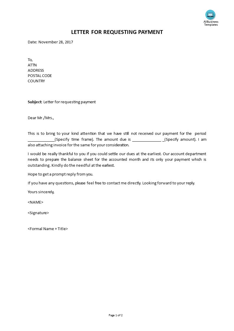 letter for requesting payment template