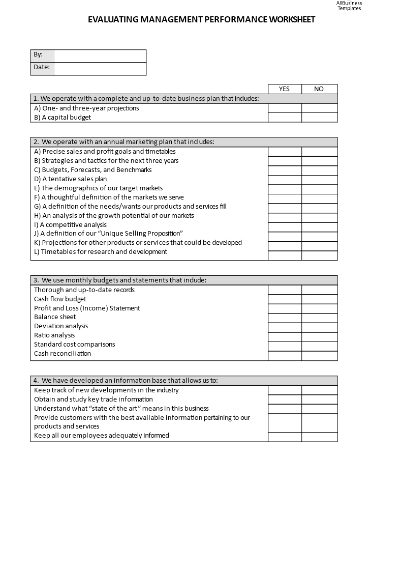 worksheet evaluating management performance template