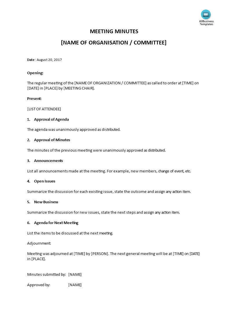 minutes of meeting (name of organization / committee) template