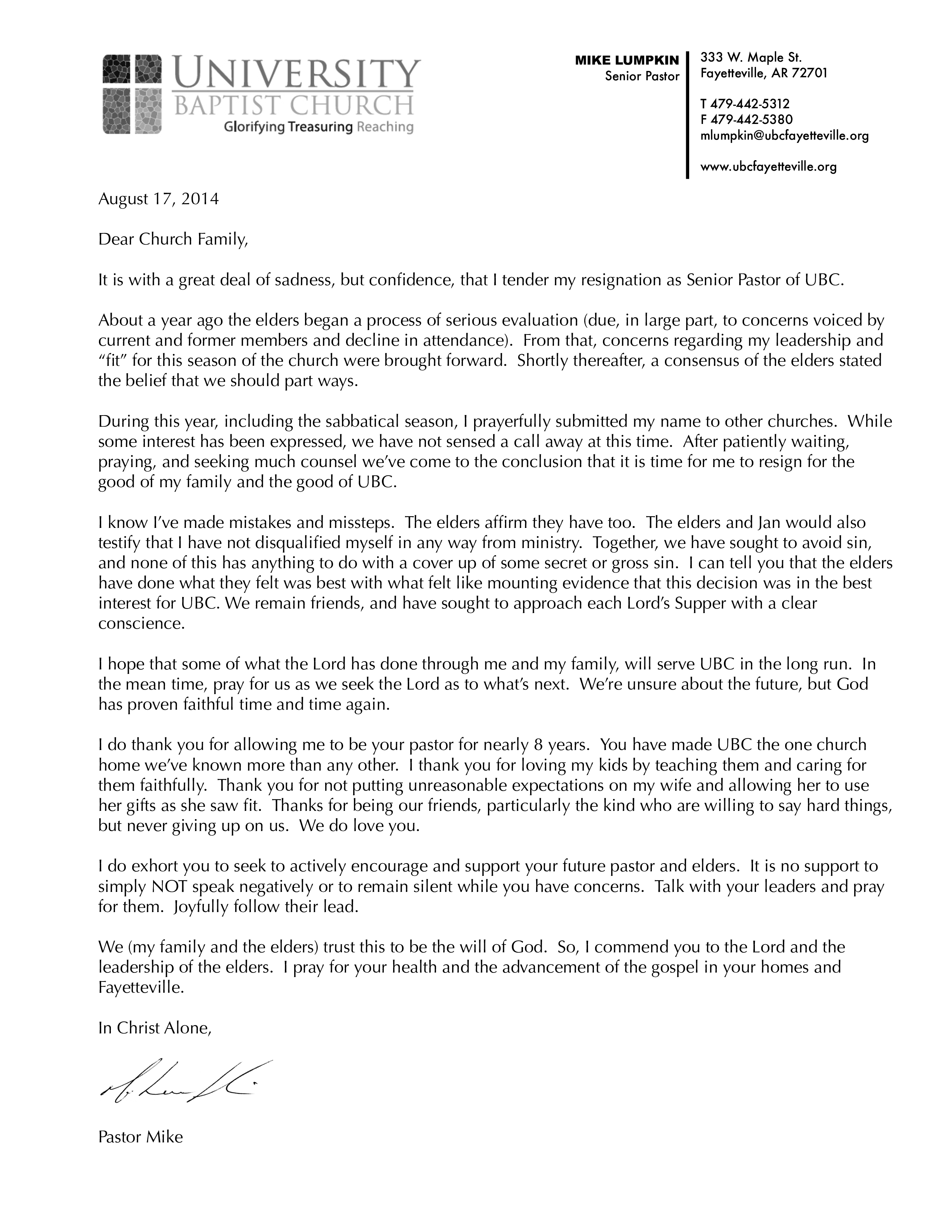 senior church pastor resignation letter template