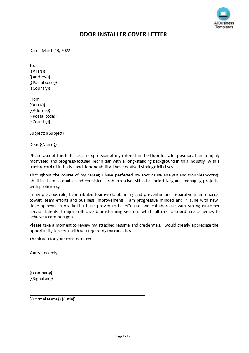 door installer cover letter template