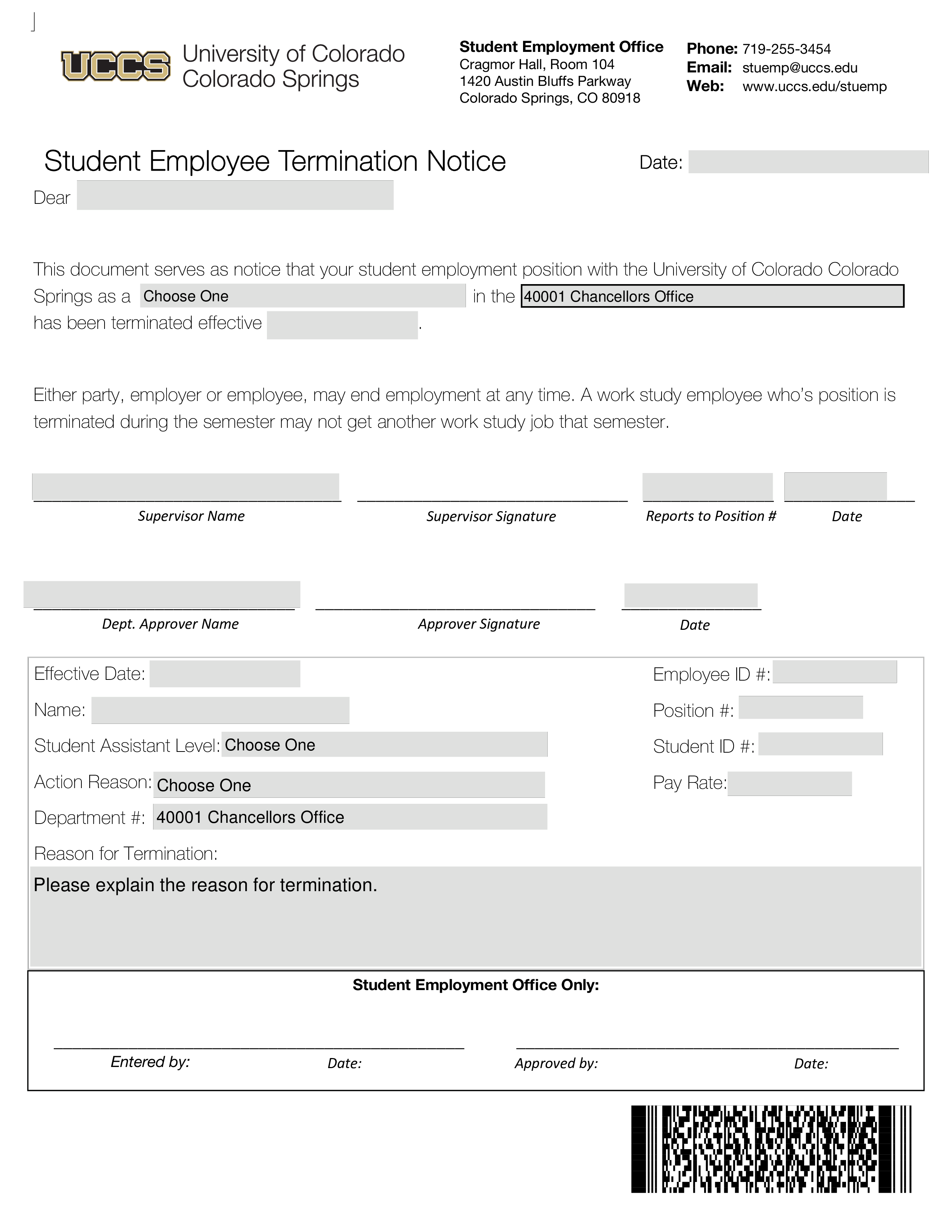 student employee termination notice template