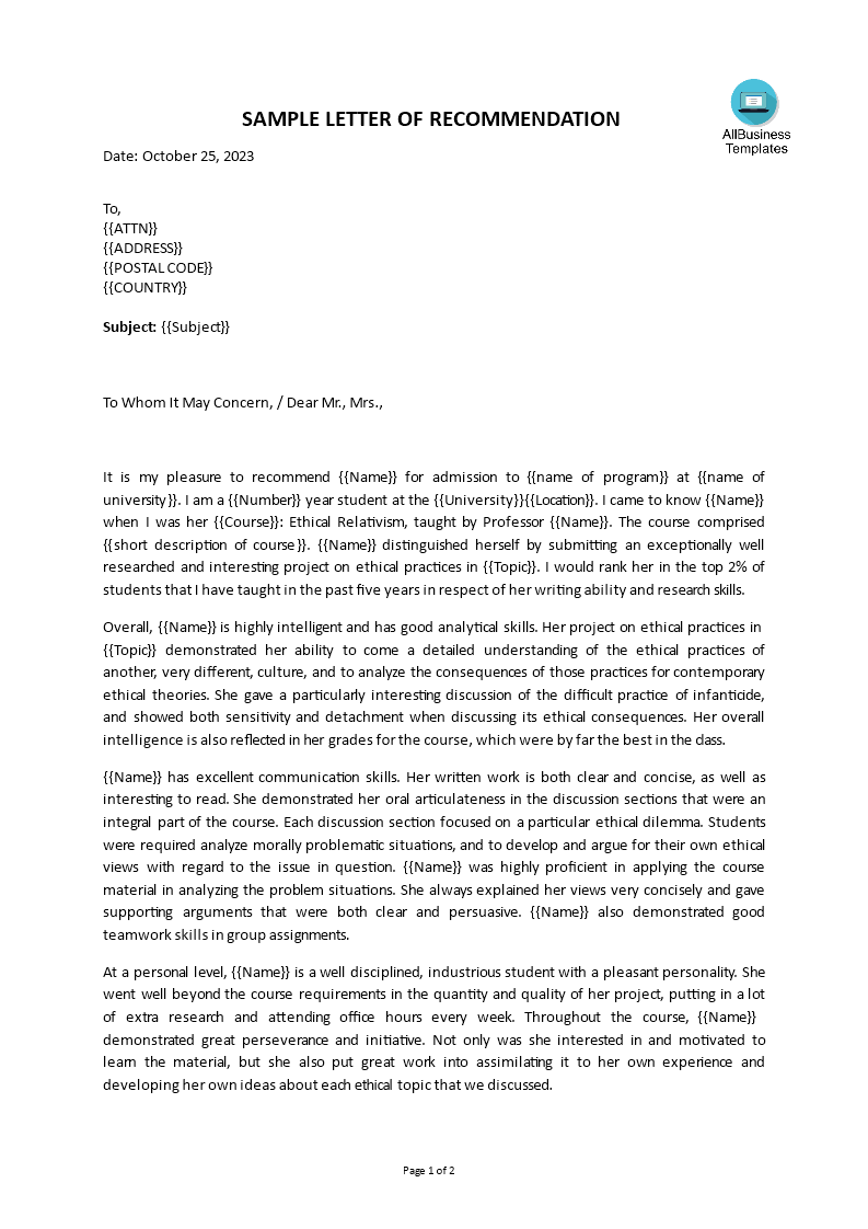 letter of recommendation college student Hauptschablonenbild