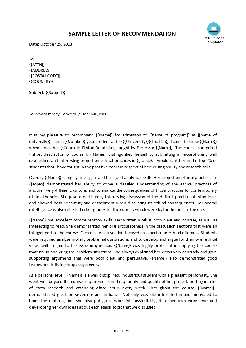 letter of recommendation college student modèles