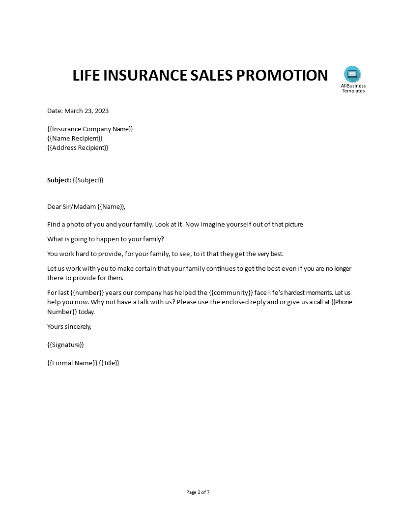 insurance sales letter Hauptschablonenbild