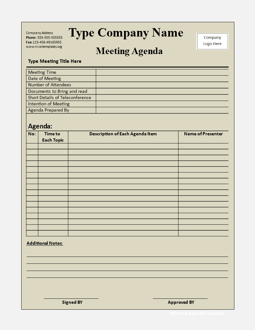 Kostenloses Blank Meeting Agenda With Meeting Agenda Notes Template