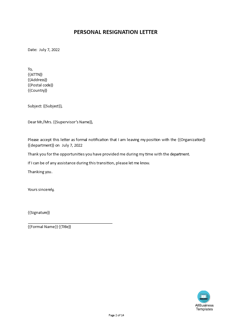 Kostenloses Personal Resignation Letter To Boss