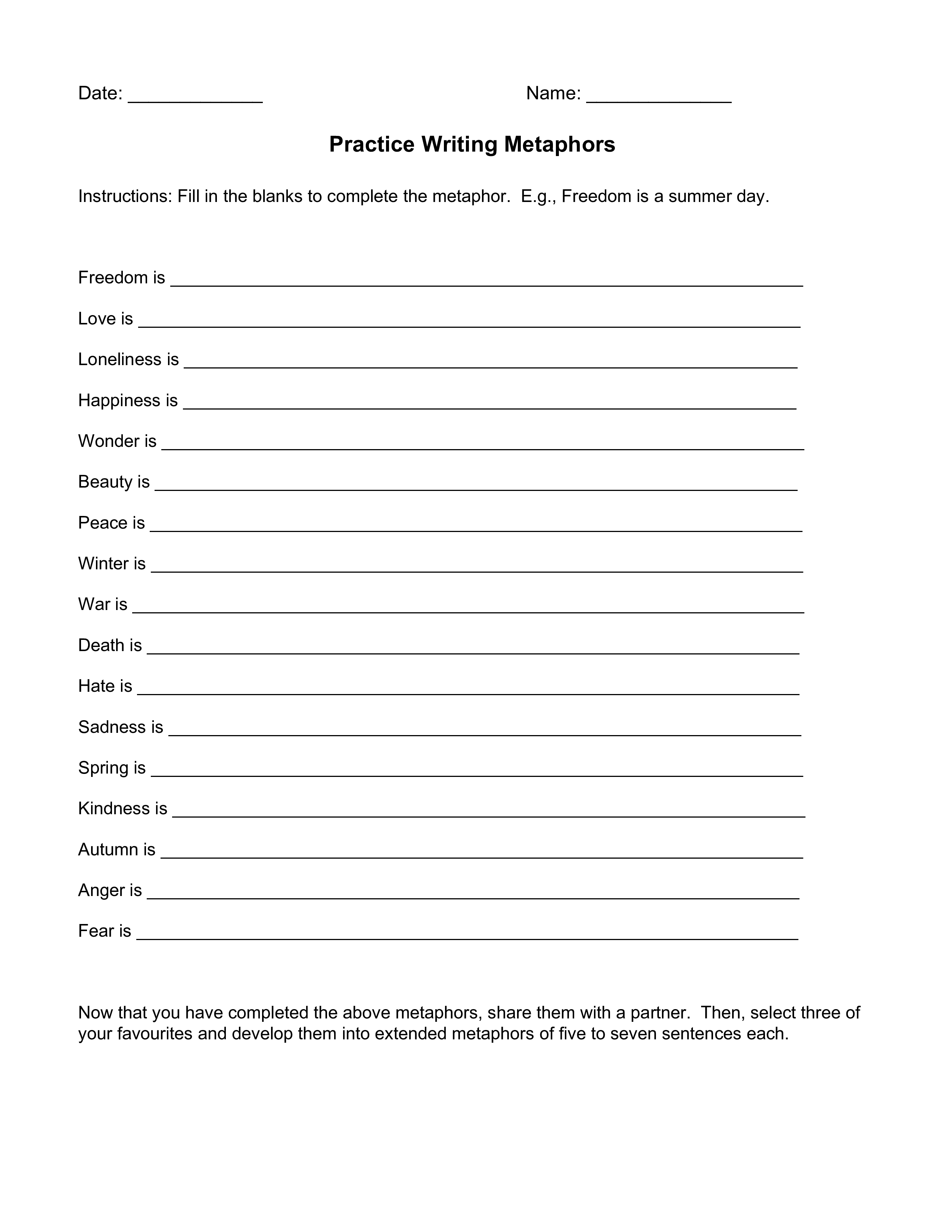 practice writing metaphors template