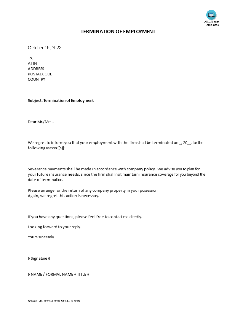 termination of employment letter template