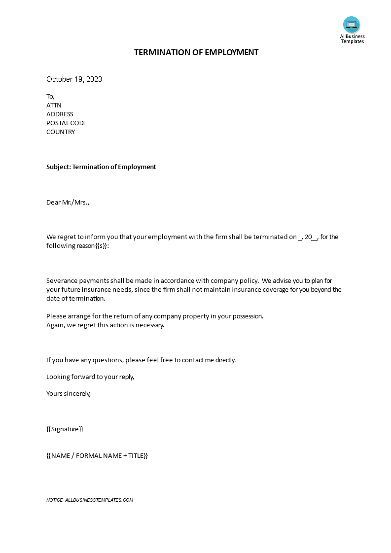 termination of employment letter modèles