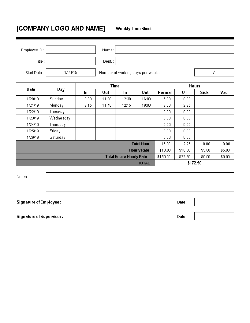 weekly time sheet excel Hauptschablonenbild