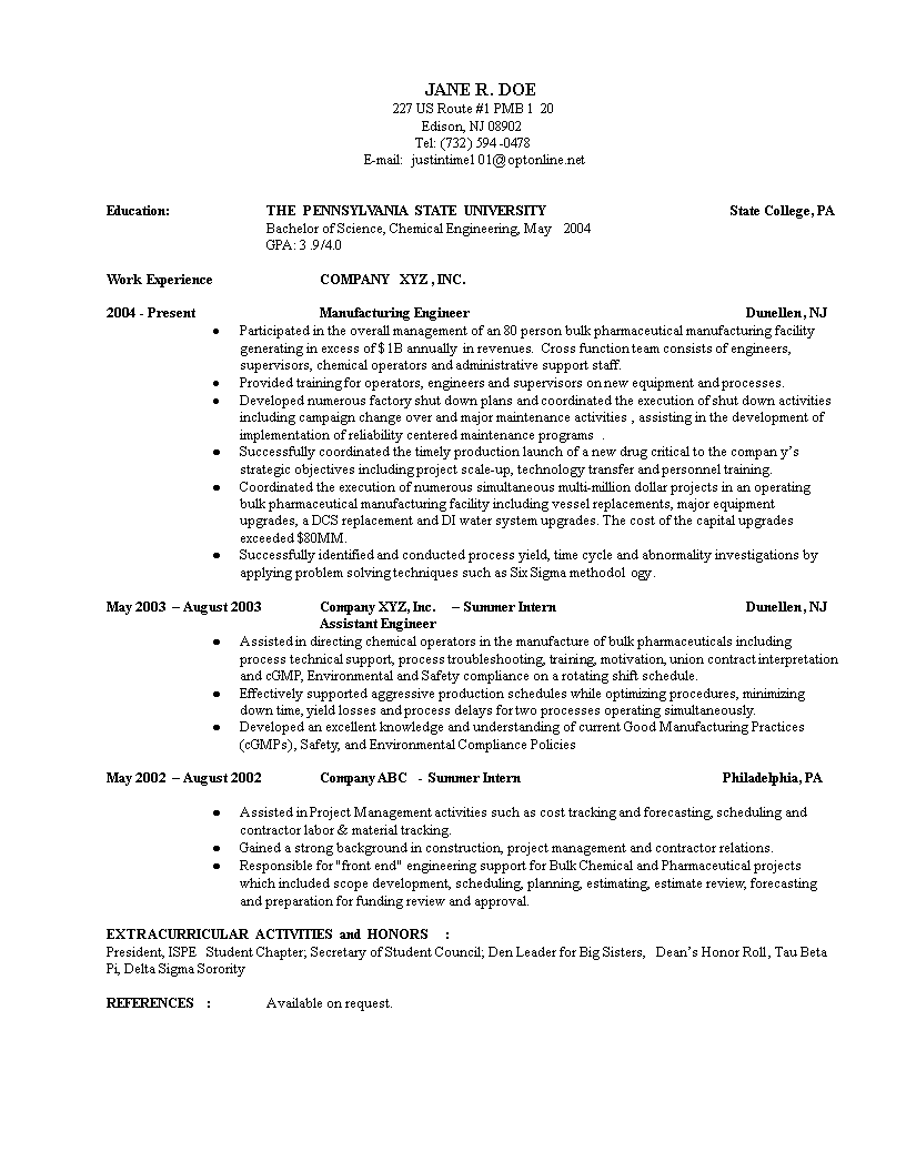 Experienced Chemical Engineer Resume main image