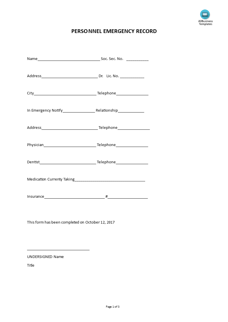 Personnel Emergency Record Form 模板