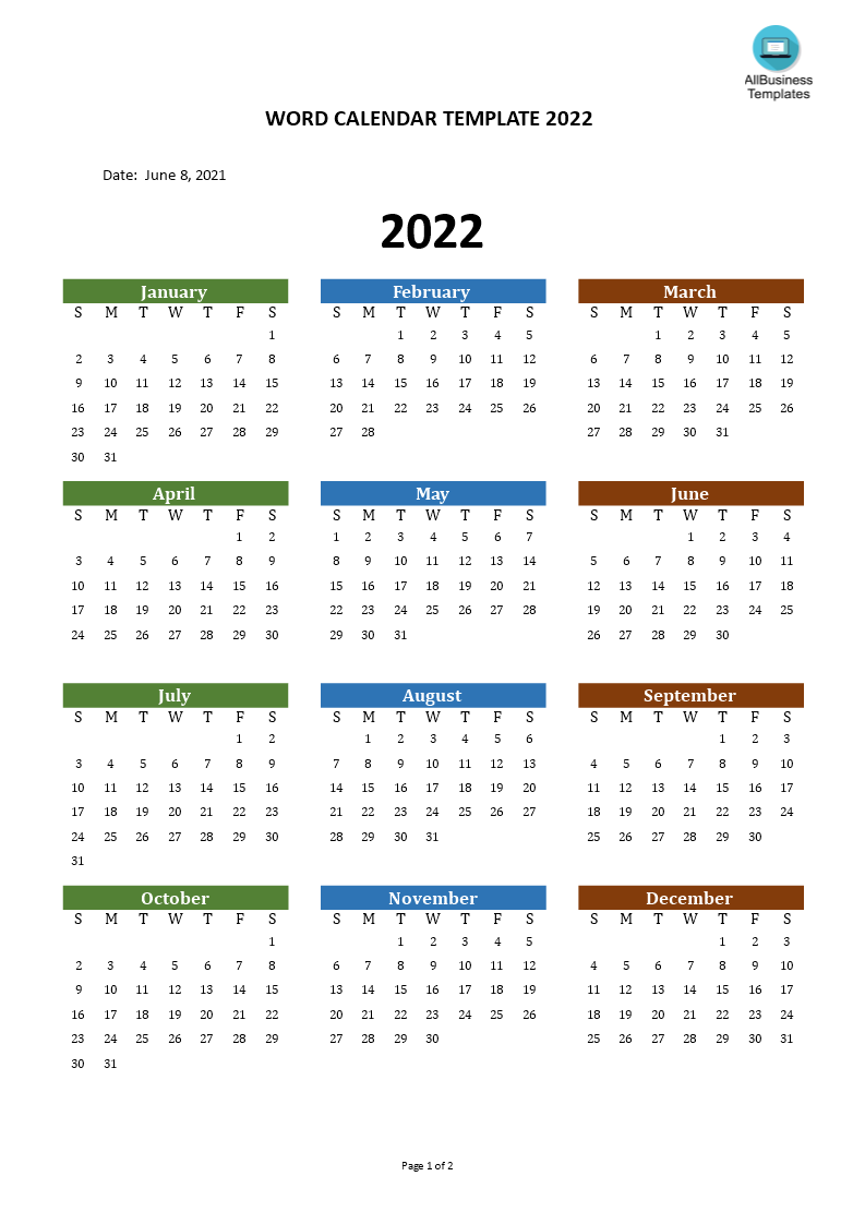 Monthly Calendar 2022 Word Template Word Calendar Template 2022 | Templates At Allbusinesstemplates.com