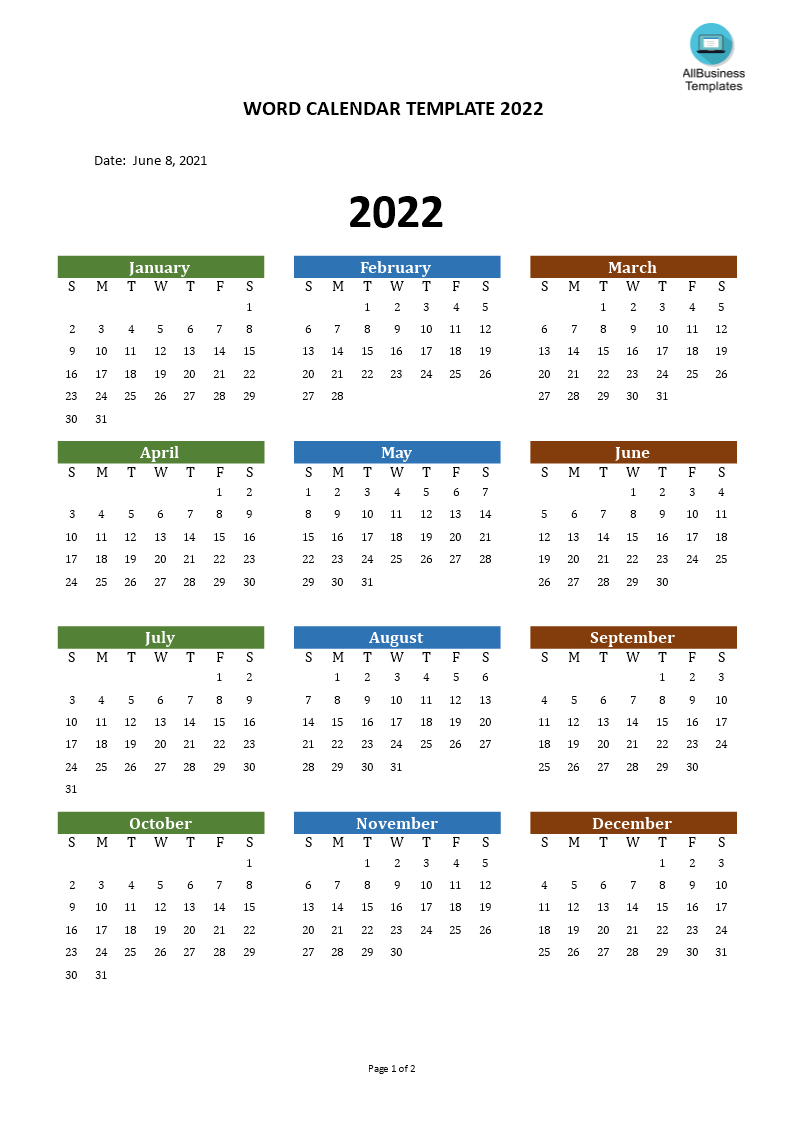 word calendar template 2022 plantilla imagen principal