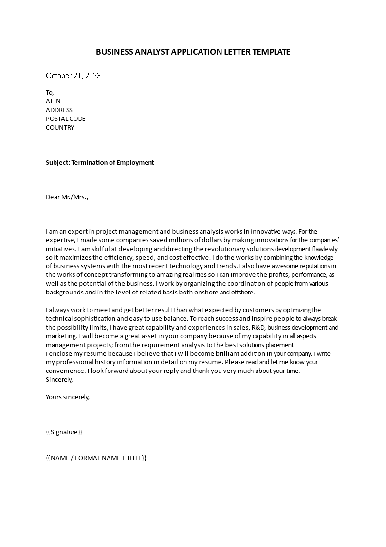 Business Analyst application letter template 模板