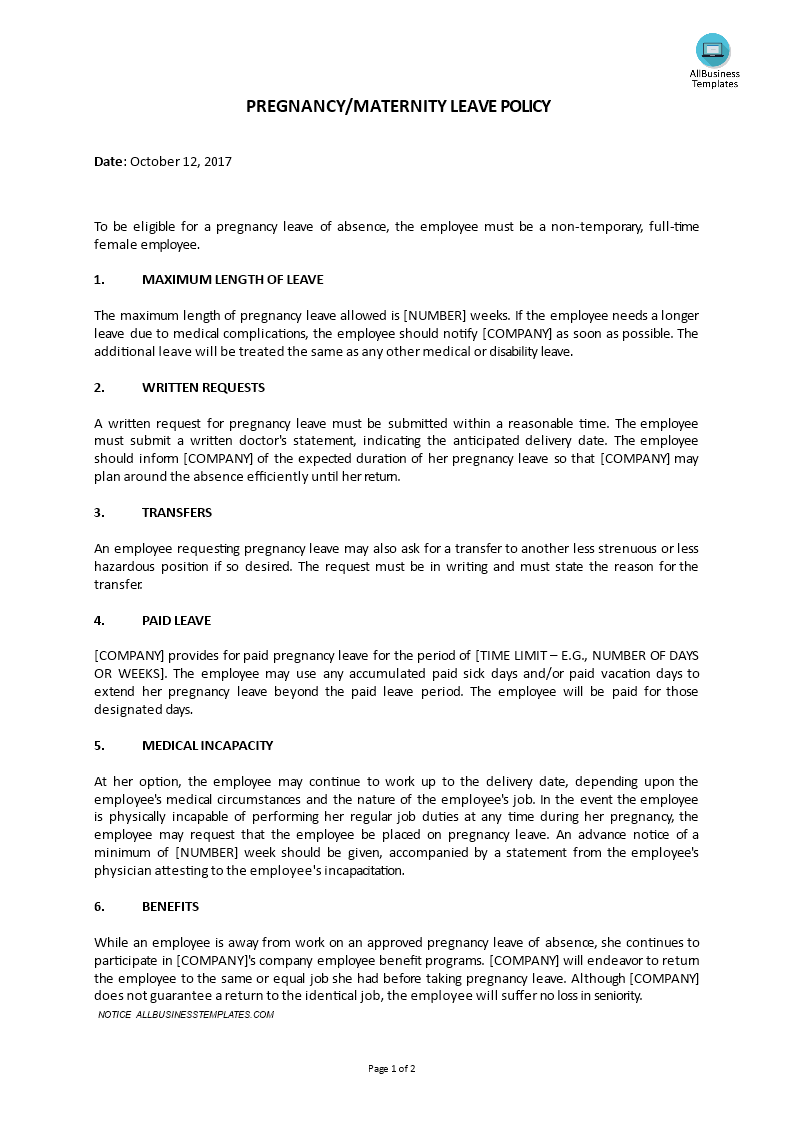Pregnancy Leave HR Policy Templates at