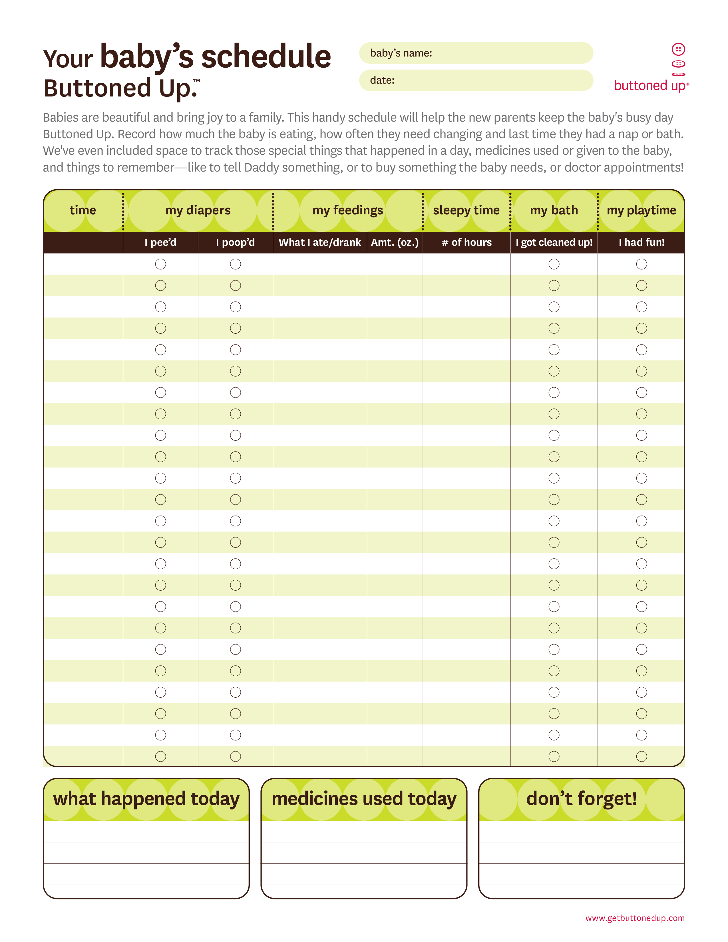 blank baby schedule sample modèles