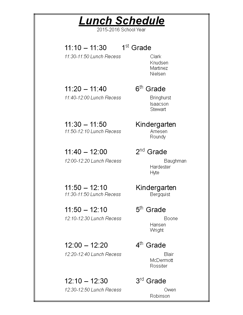 Lunch Schedule Overview main image