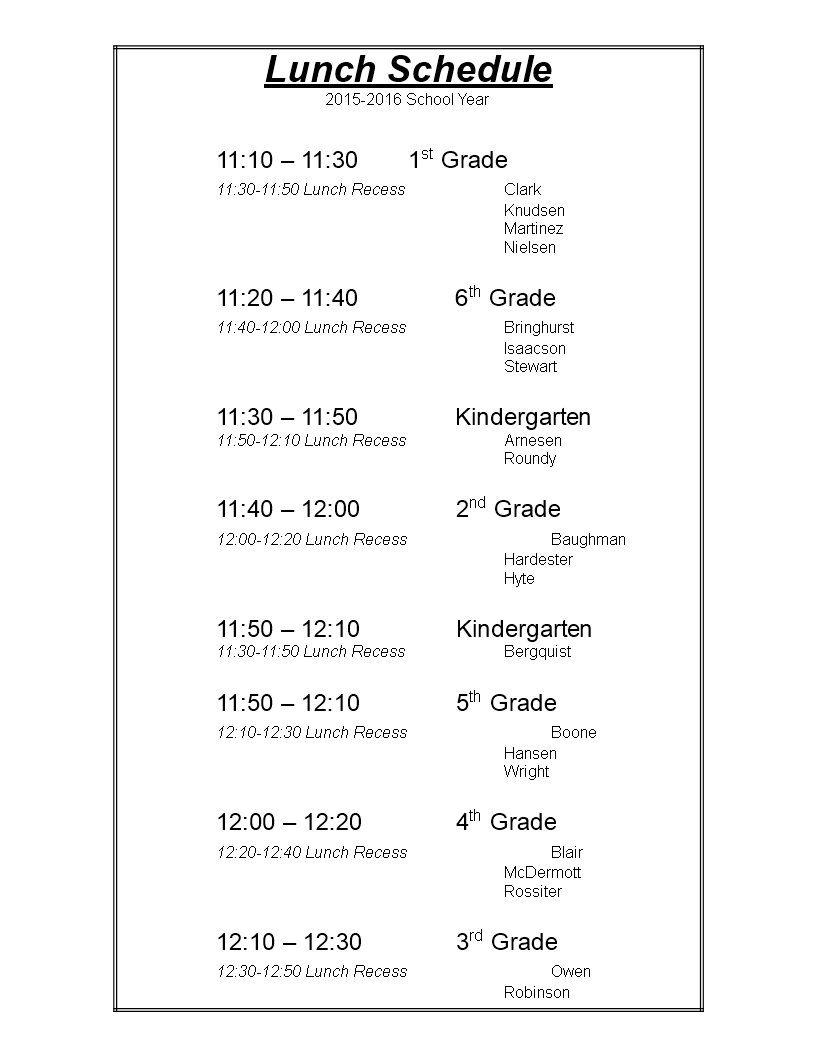 lunch schedule overview voorbeeld afbeelding 