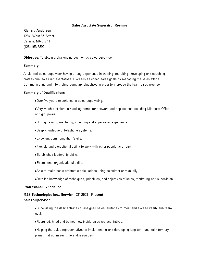 sales associate supervisor resume template