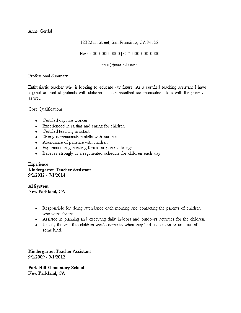 resume for kindergarten teacher assistant modèles