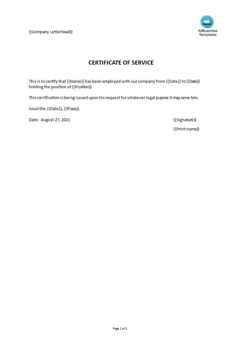 Service Certificate  Templates at allbusinesstemplates.com With Regard To Certificate Of Service Template Free