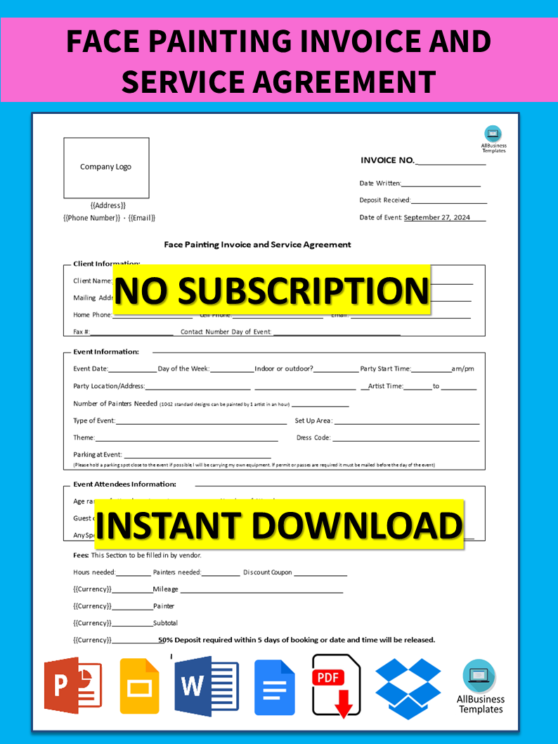 face painting invoice and service agreement modèles