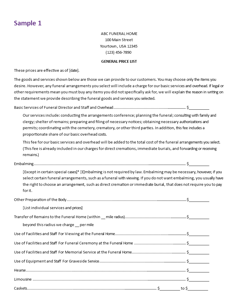 Funeral Expenses price list Templates at