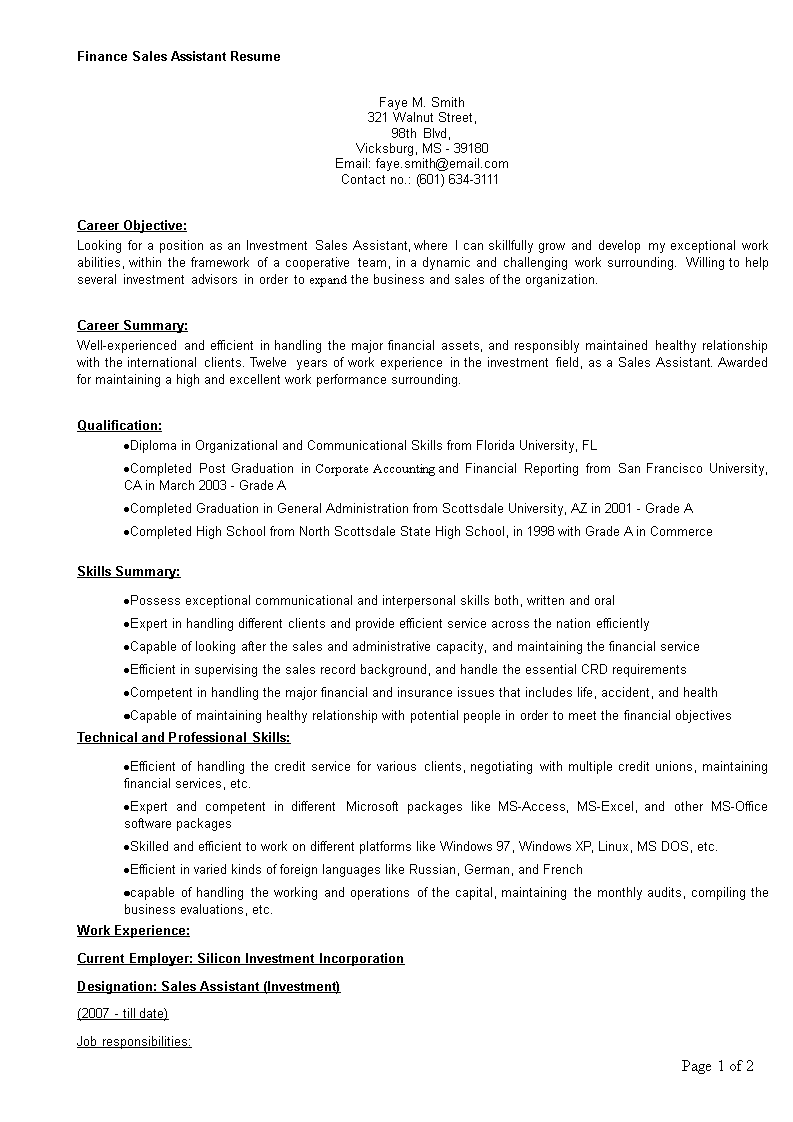 finance sales assistant resume template