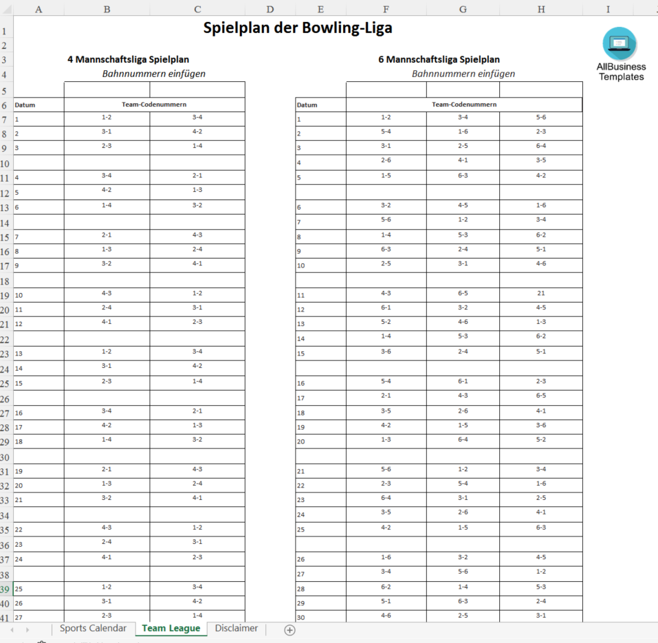 Zeitplan der Bowling-Liga 模板