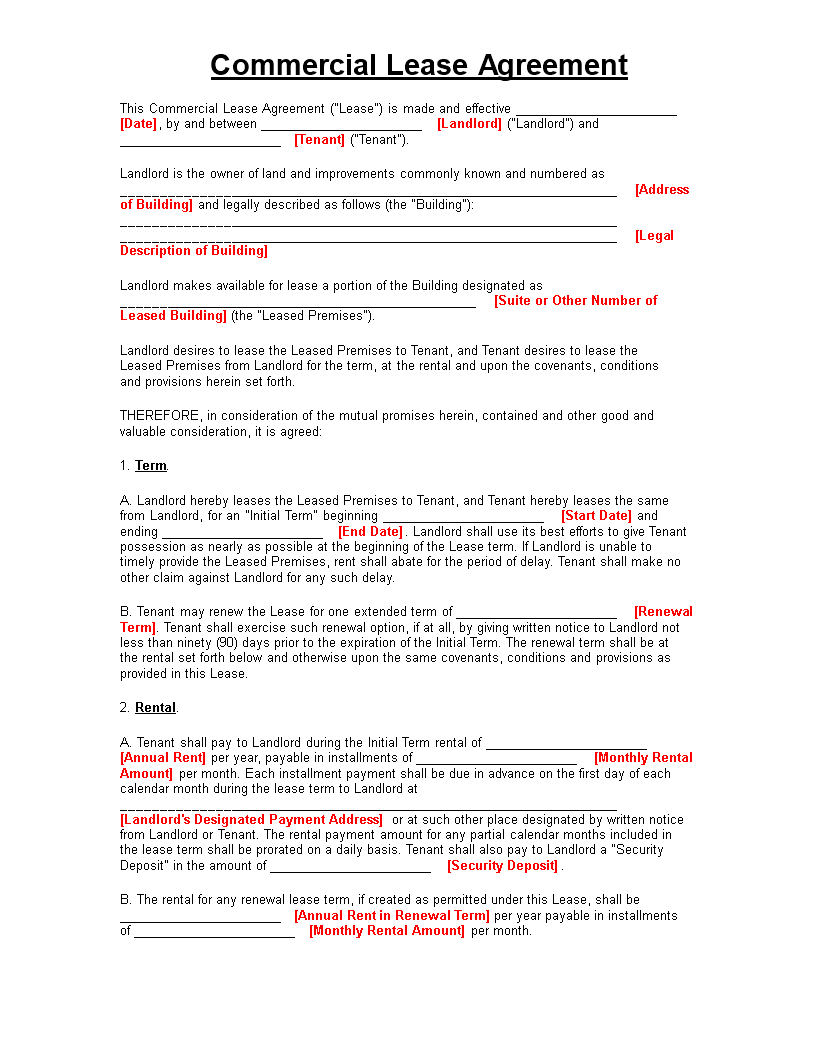 commercial property lease agreement template