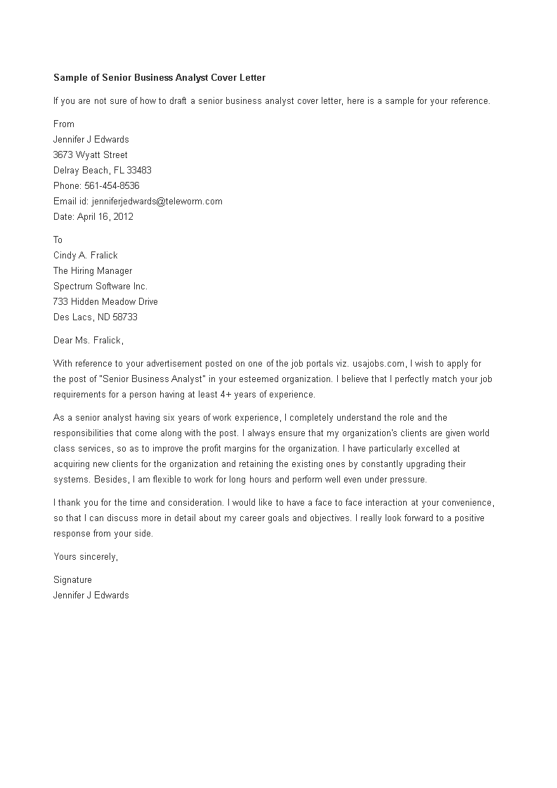 senior business analyst job application letter template