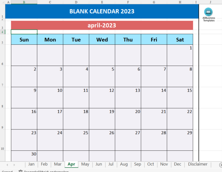 blank monthly calendar Hauptschablonenbild