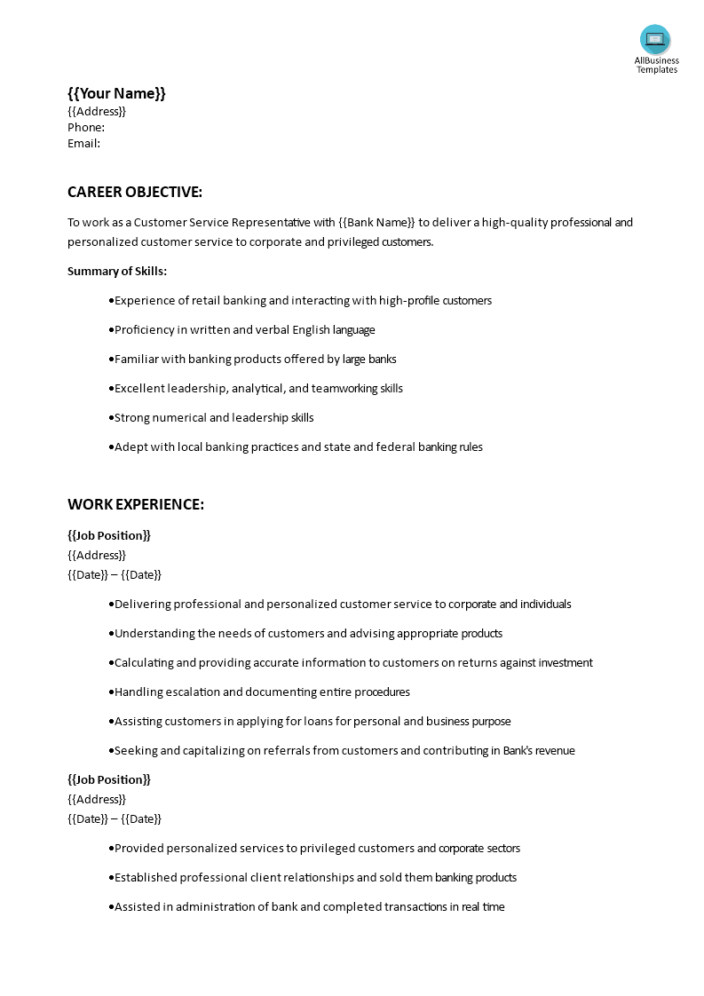 Customer Service Retail Banking Resume template main image