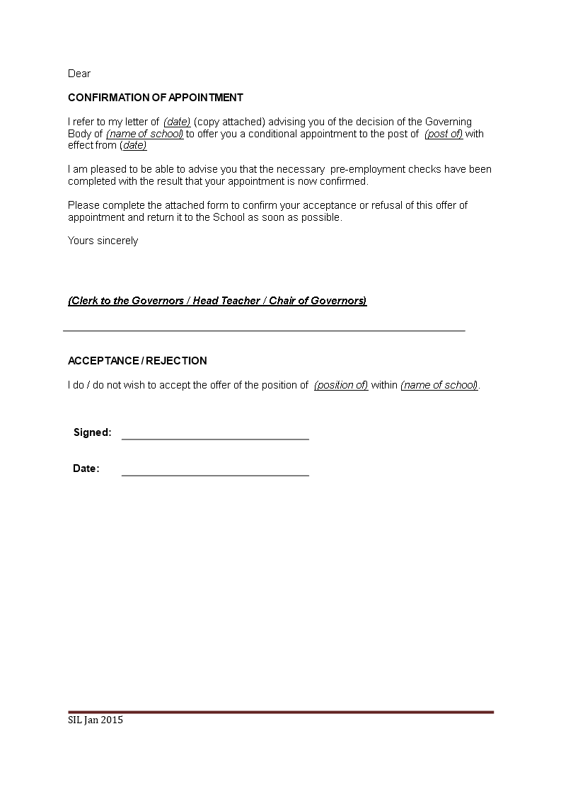 appointment confirmation letter template template